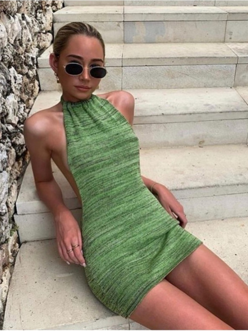 Green Halter Knit Mini Dress - Women's Summer Style